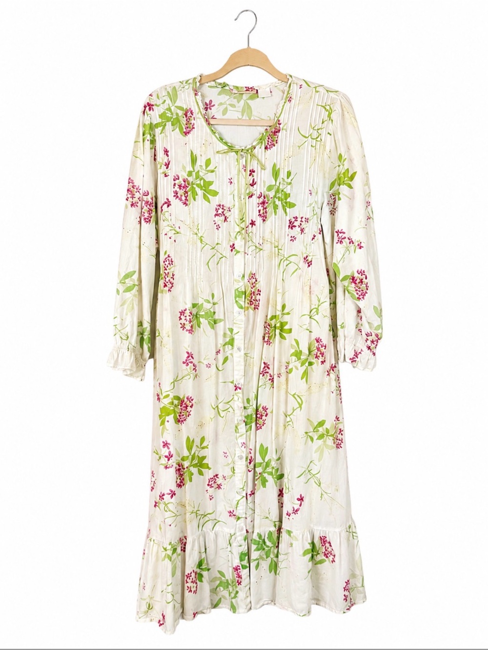 La Cera Floral Cotton Robe - White with Green & Pink